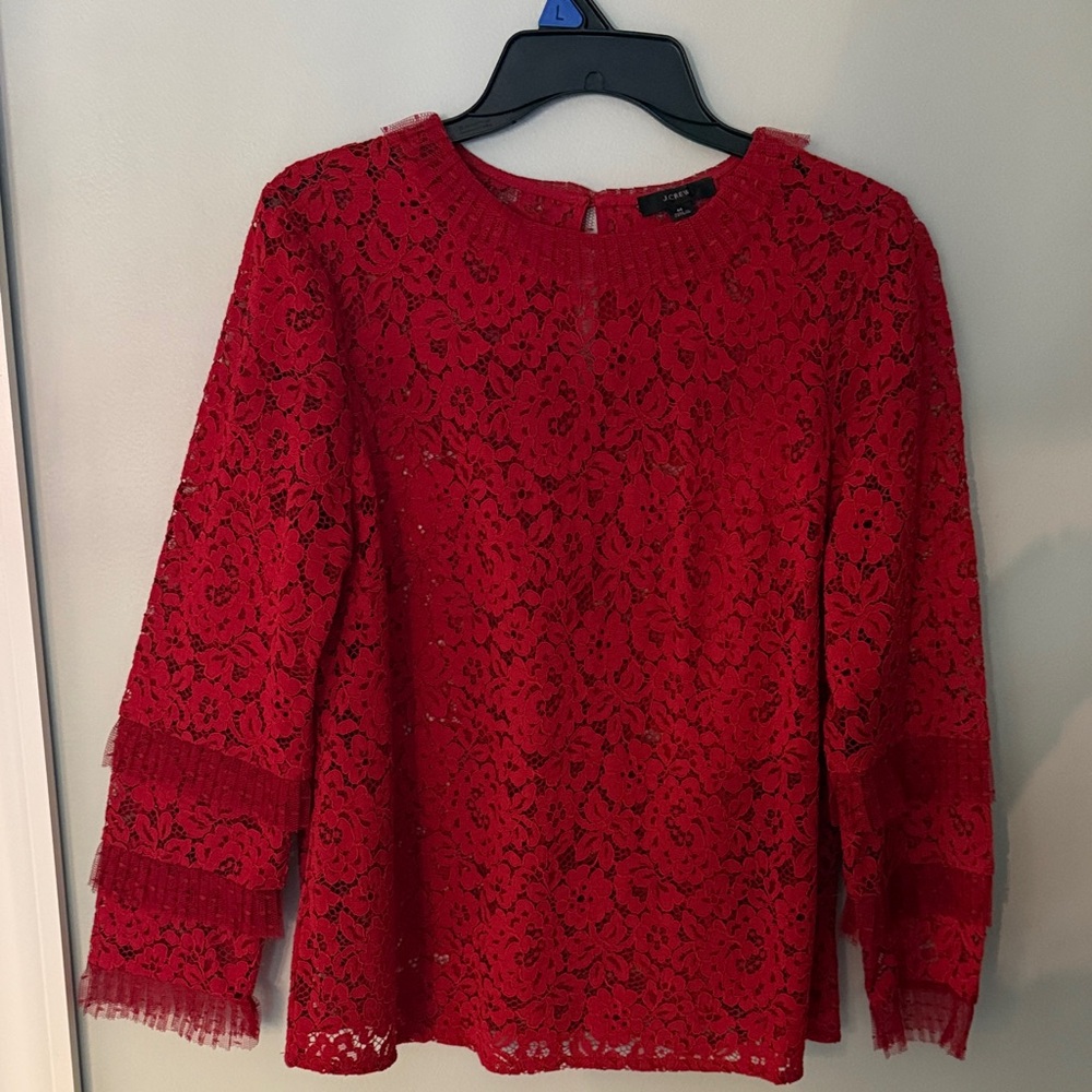 J. Crew Vibrant Red Lace Blouse
